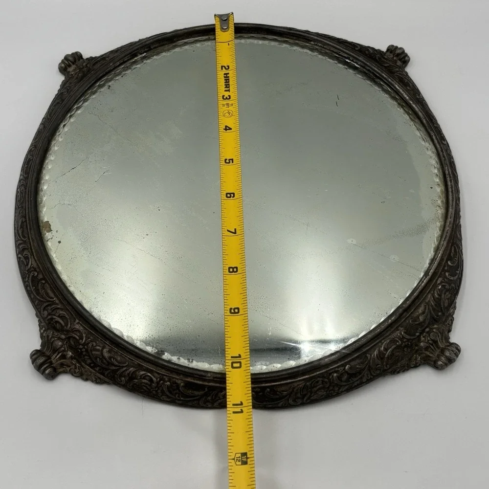 Antique Von Bergh‎ S.P. Co. Beveled Mirror Silver Plated Repousse Vanity Plateau